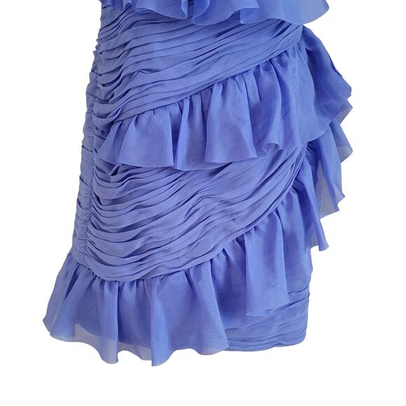 Marchesa Notte Ruffle Pleated One Shoulder Dress Blue Silk Organza Gown Size 4 - Picture 4 of 10